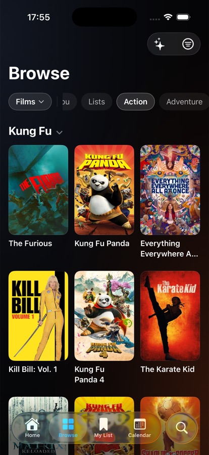 The Browse tab on iPhone: filter chips over a grid of film posters.