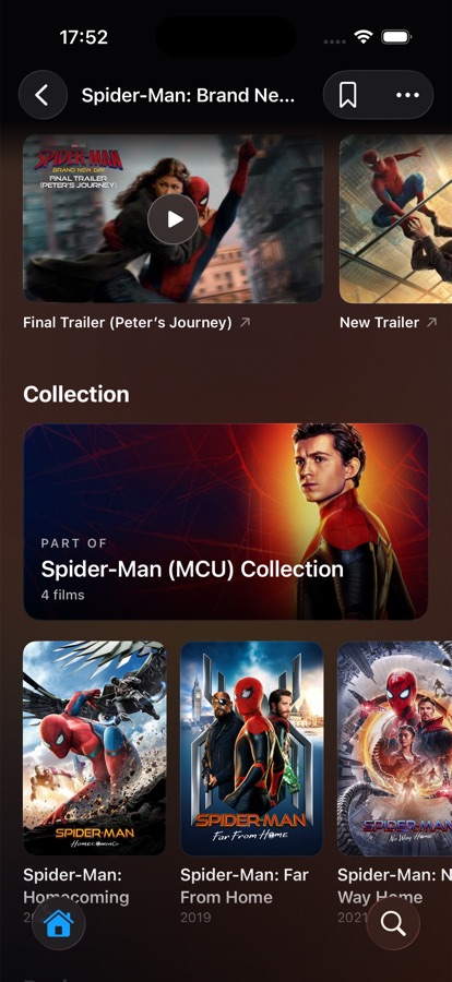 A detail page on iPhone showing trailers and the collection a film belongs to.