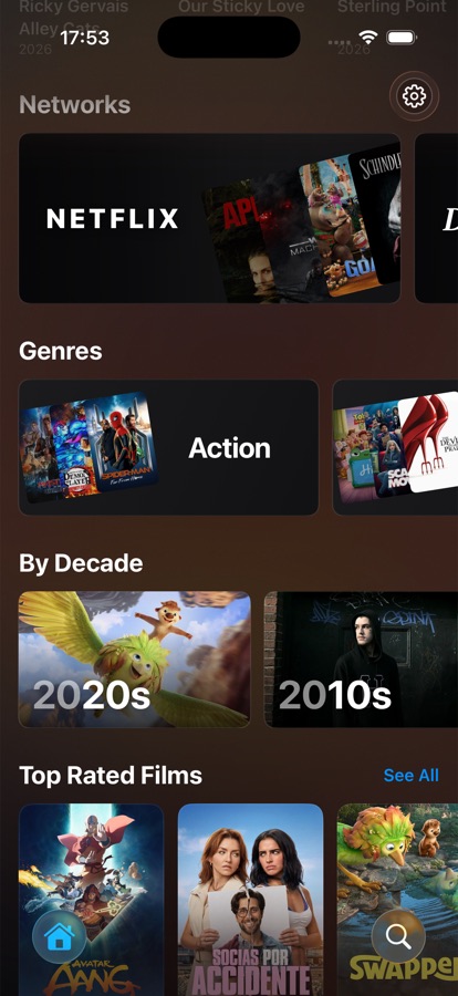 Browsing by network, genre and decade on iPhone.