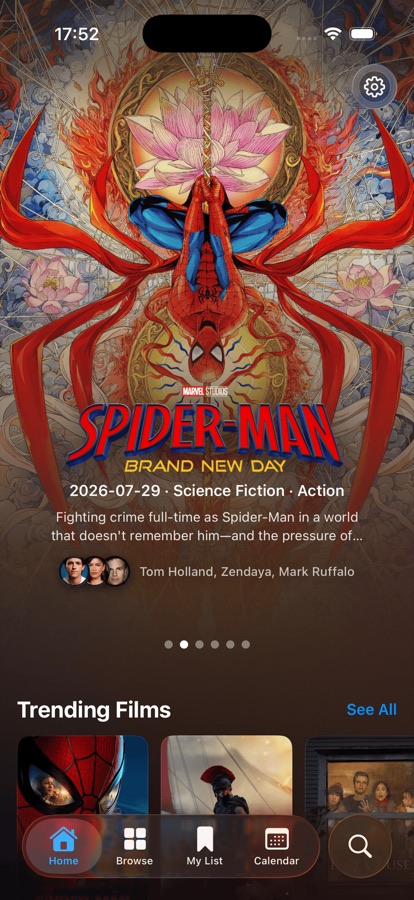 Vyn on iPhone: a full-bleed hero for Spider-Man with the cast, over shelves of trending films.