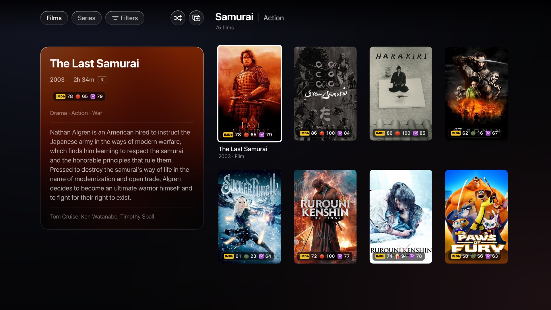 A Vyn catalogue page on Apple TV: a focused poster with its synopsis panel to the left and a grid of films to the right.