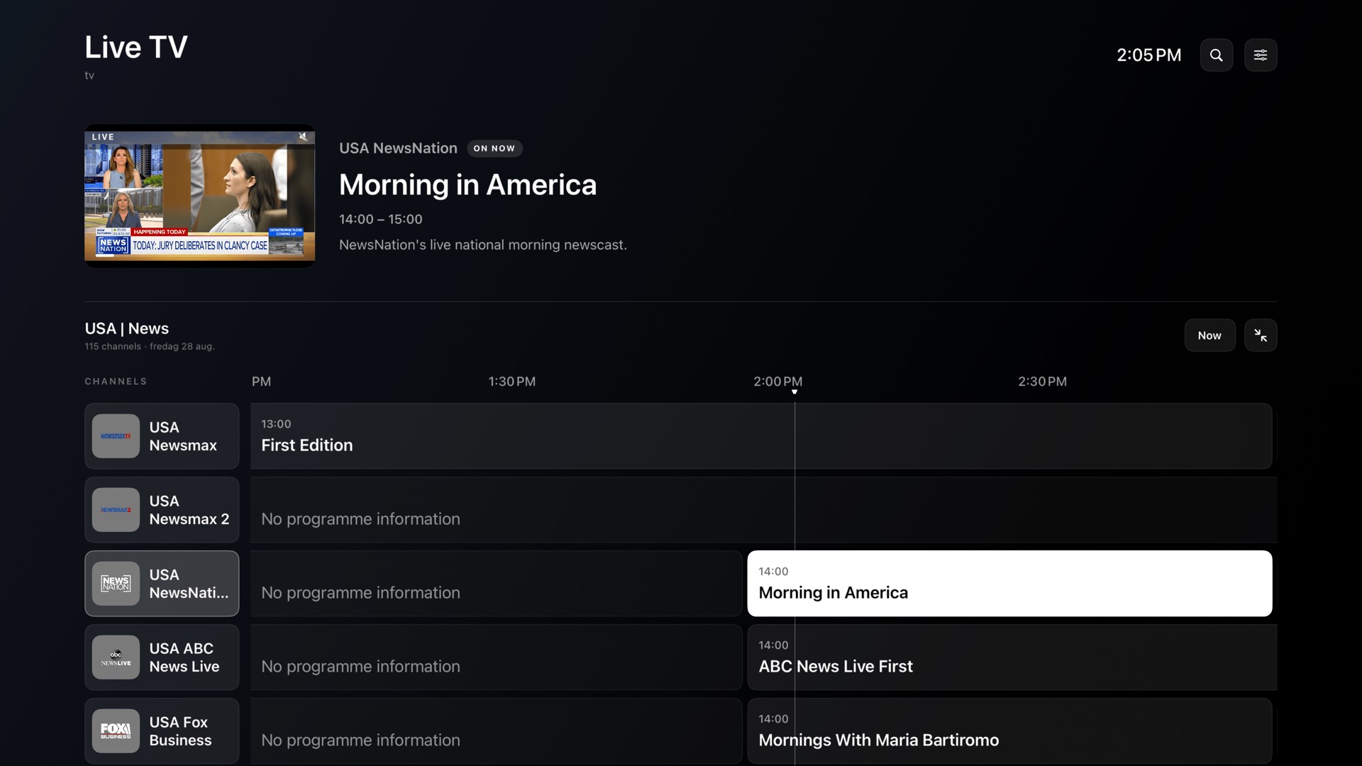 The Vyn live guide on Apple TV: a preview of the channel that is on now above a scrolling schedule grid, with a now-line running through it.