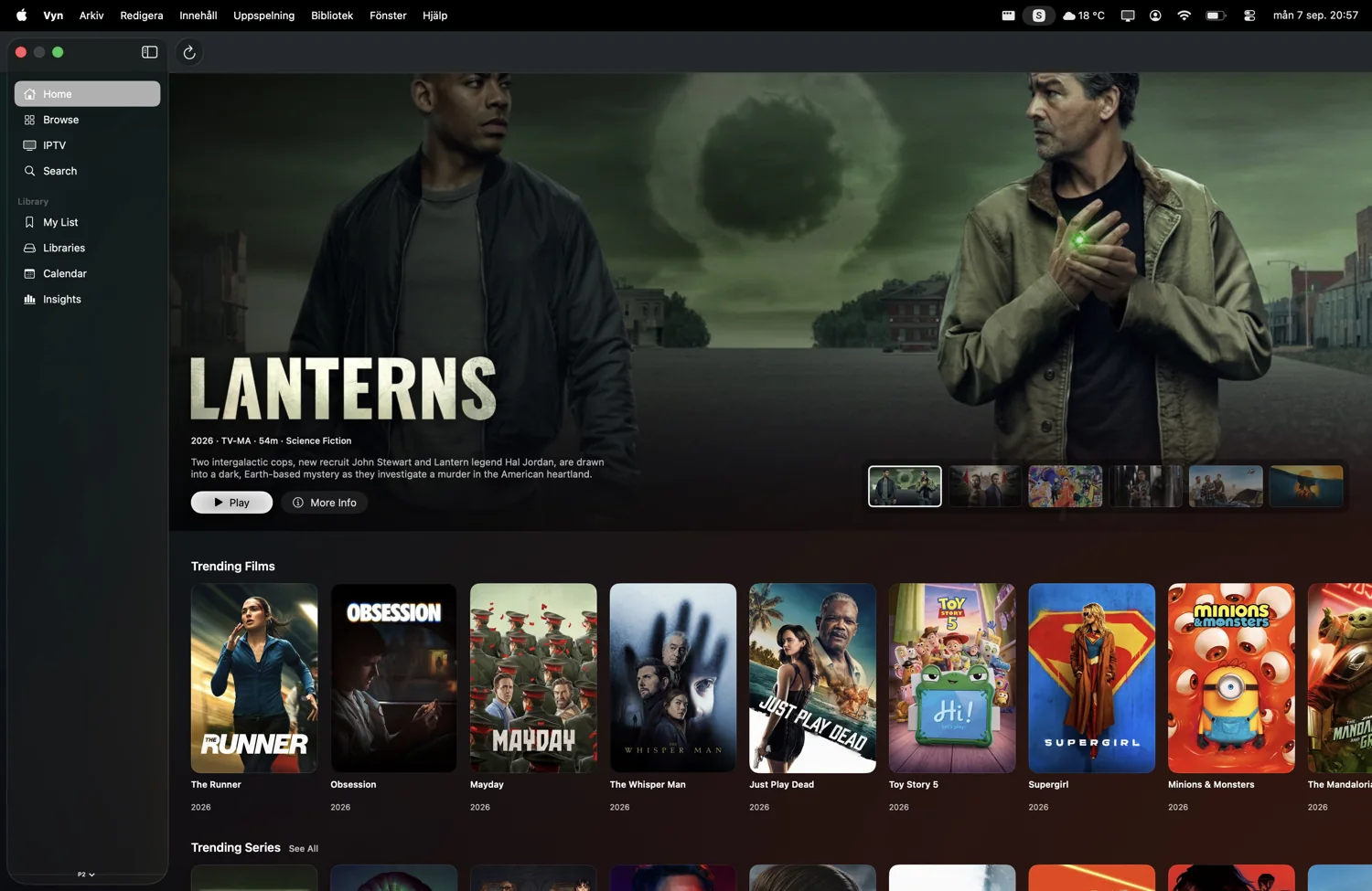 Vyn on Mac, displaying a home screen with movie artwork and library navigation.