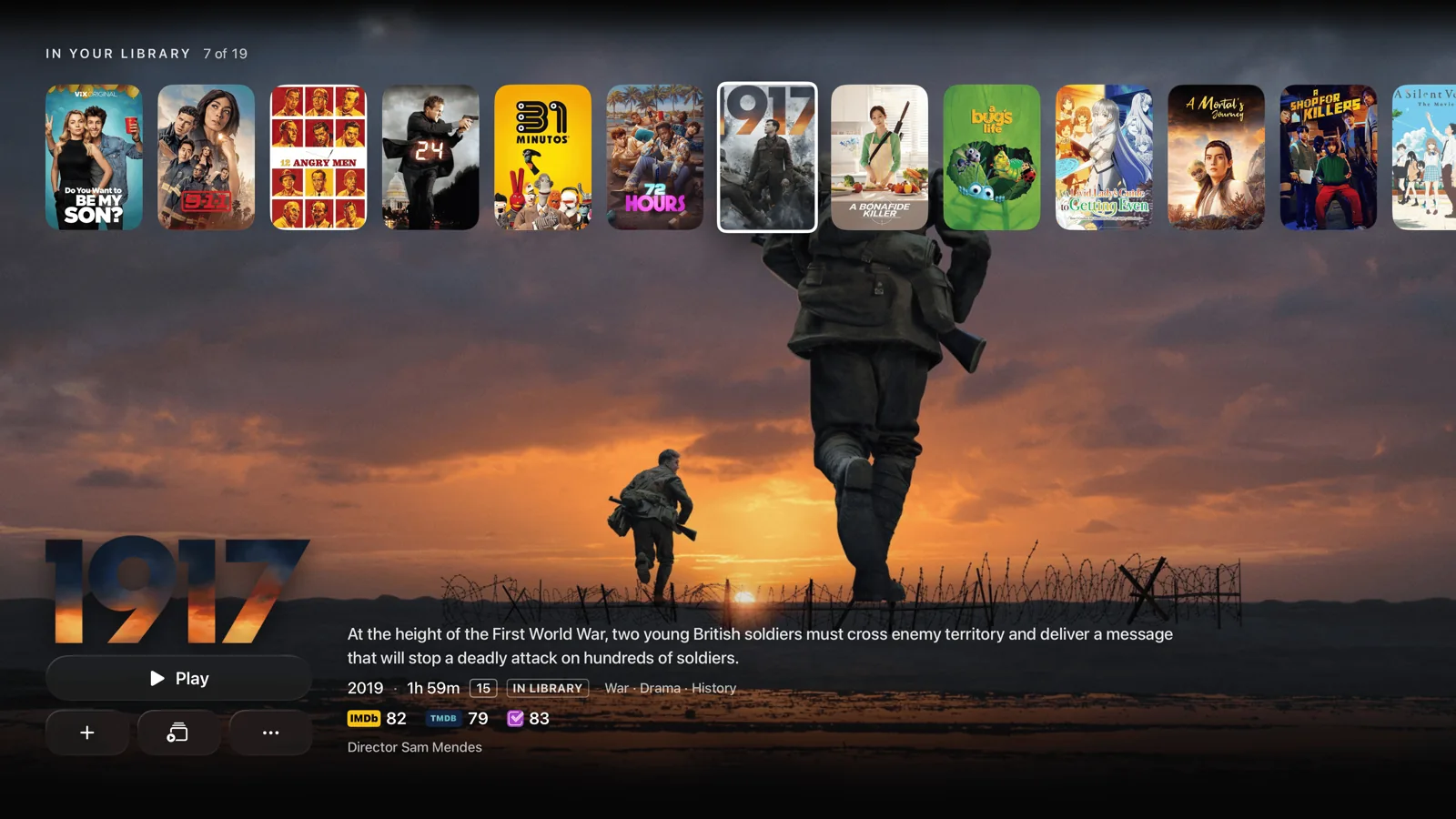 Vyn on Apple TV: browse your movie library above the detail page for 1917.
