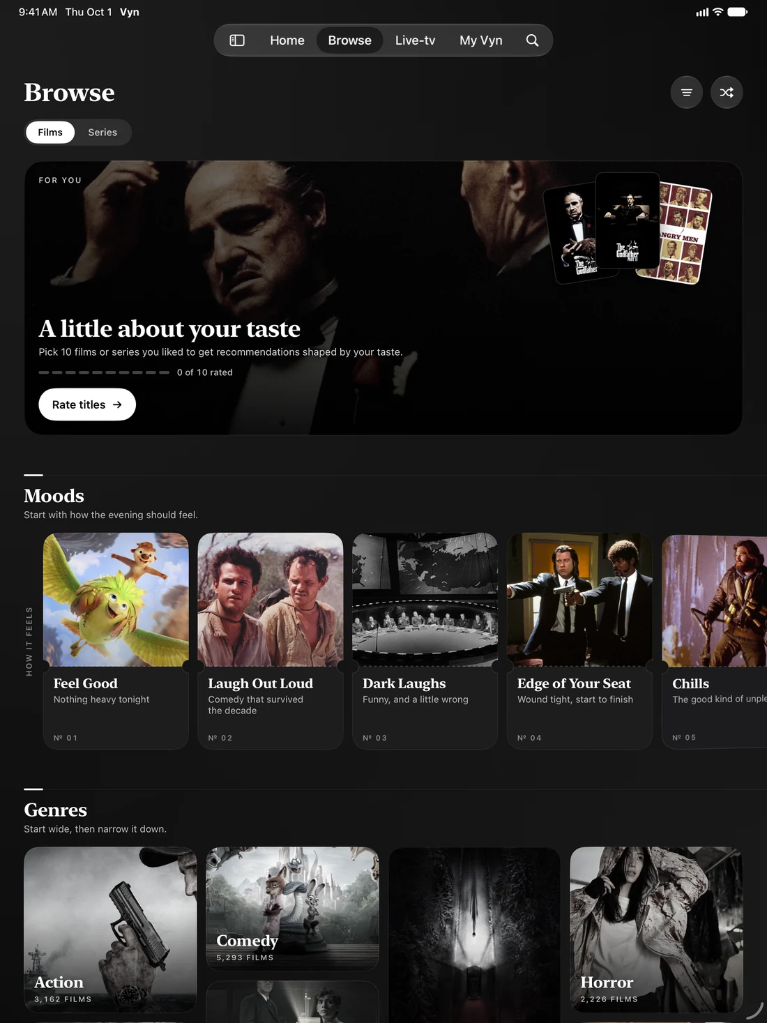 The redesigned Browse screen on iPad, with personalised recommendations, moods and genres.