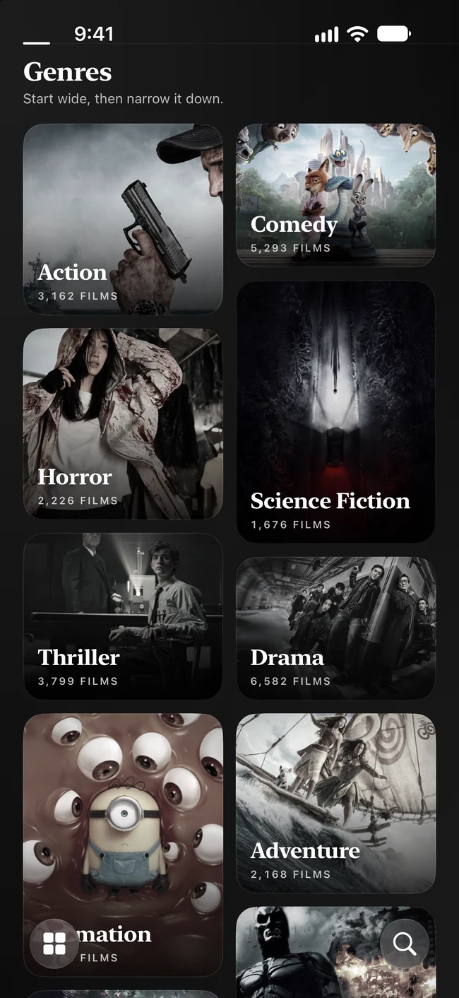 The new genre mosaic in Vyn on iPhone, with artwork for action, comedy, horror and more.