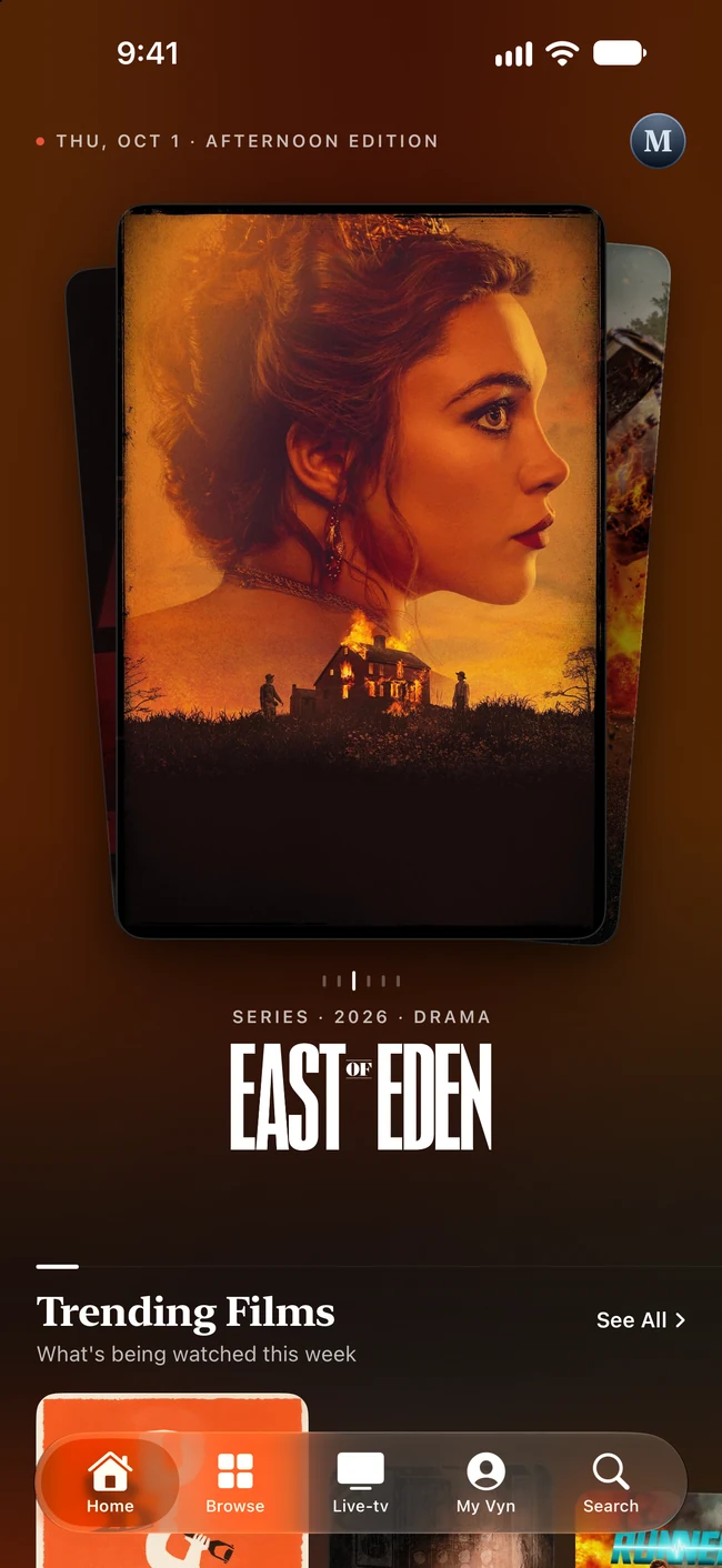 Vyn’s redesigned iPhone Home screen, with East of Eden artwork and trending films.