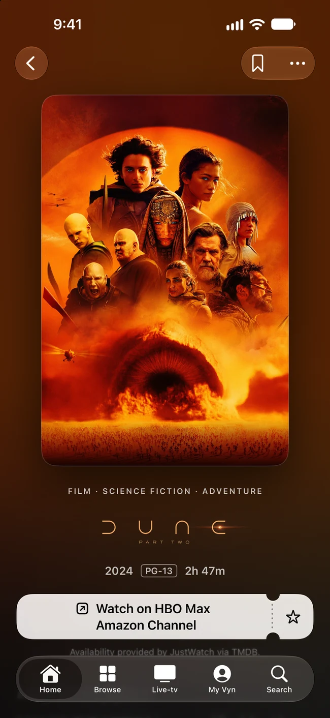 The Dune title page in Vyn on iPhone, with artwork, film details and where to watch.